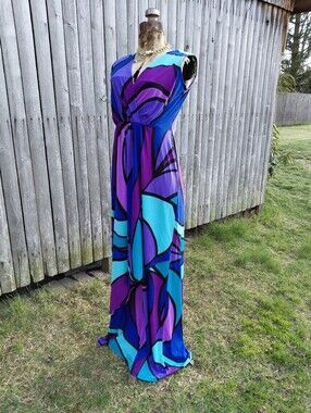 NWT Worthington purple blue pink abstract peacock print maxi dress Womens size S